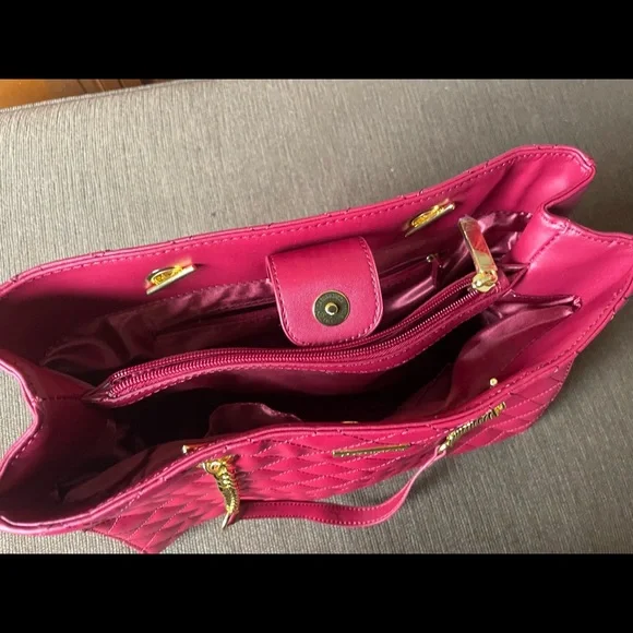 JOY & IMAN Satchel Diamond Quilted Leather Bag Red - Picture 6 of 13